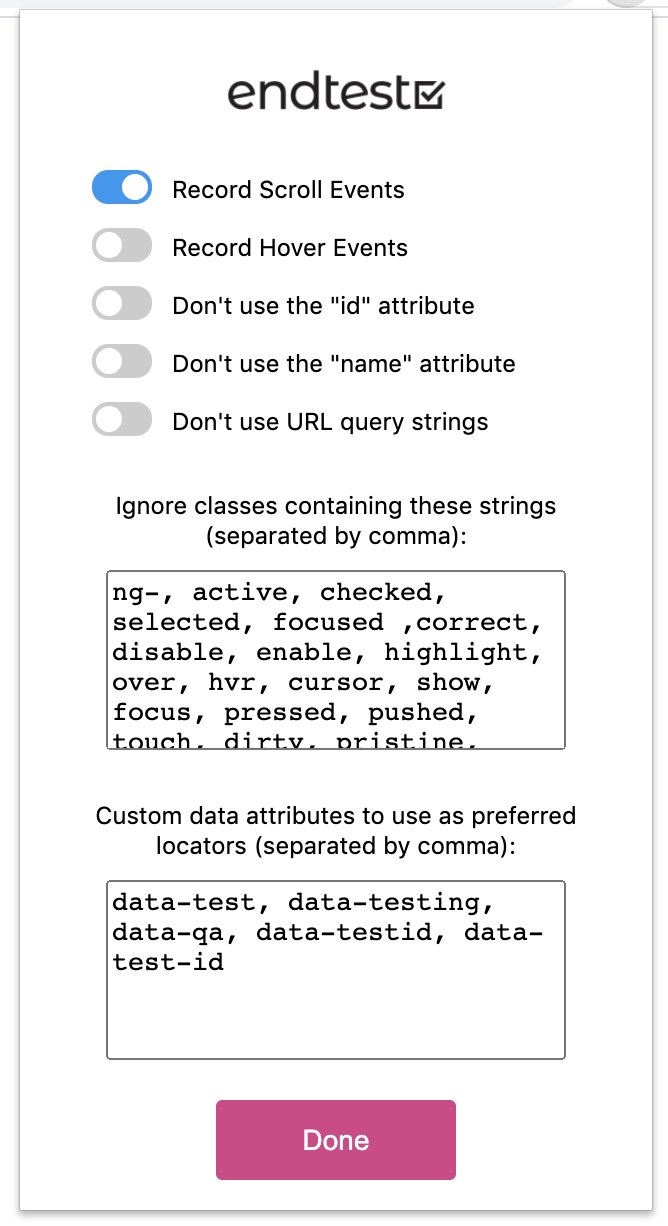 endtest chrome extension settings